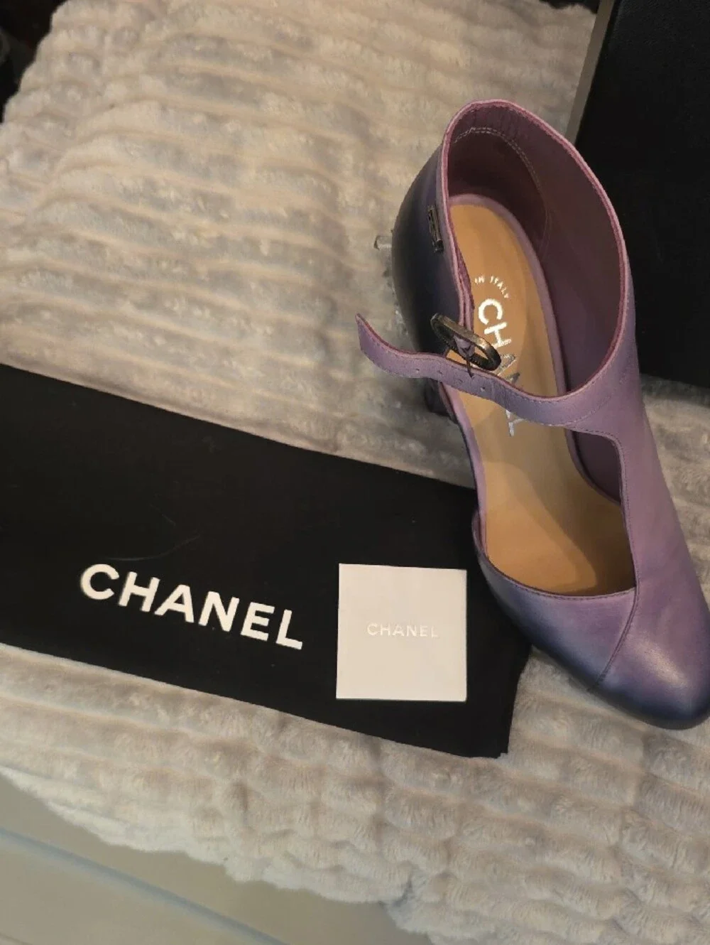 CHANEL Ombre Purple-to-Blue Leather Ankle Boots with CRYSTAL Sculpted Heel